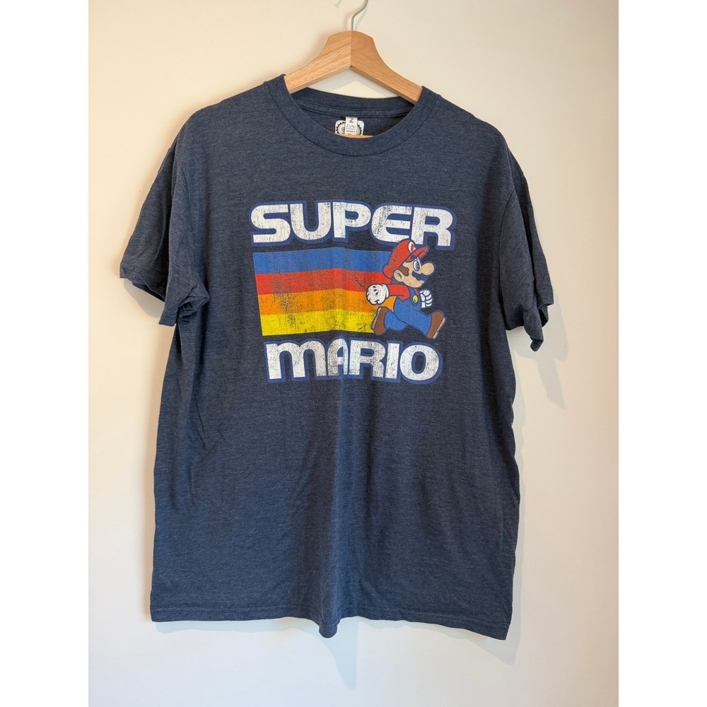 Nintendo Super Mario Mens Graphic Tee, Heather Navy, Retro Rainbow Design, XL